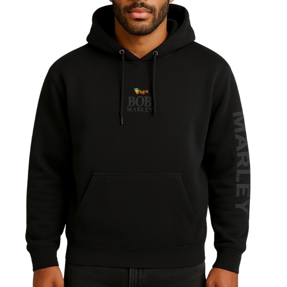 Bob Marley Men's LG Smokin' Screen Print Long Sleeve Hoodie Oversized Black